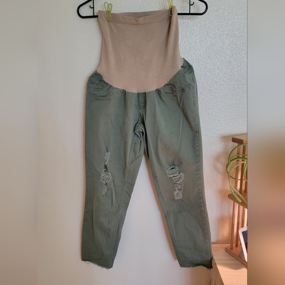 Green Distressed Women's Maternity Pants